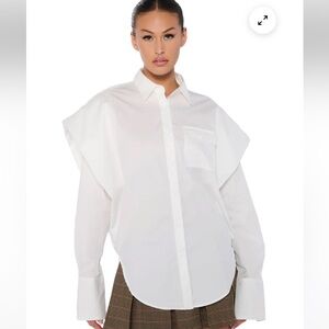 AKIRA HIGH POINTED SHOULDER BUTTON DOWN POPLIN SHIRT White Size XL